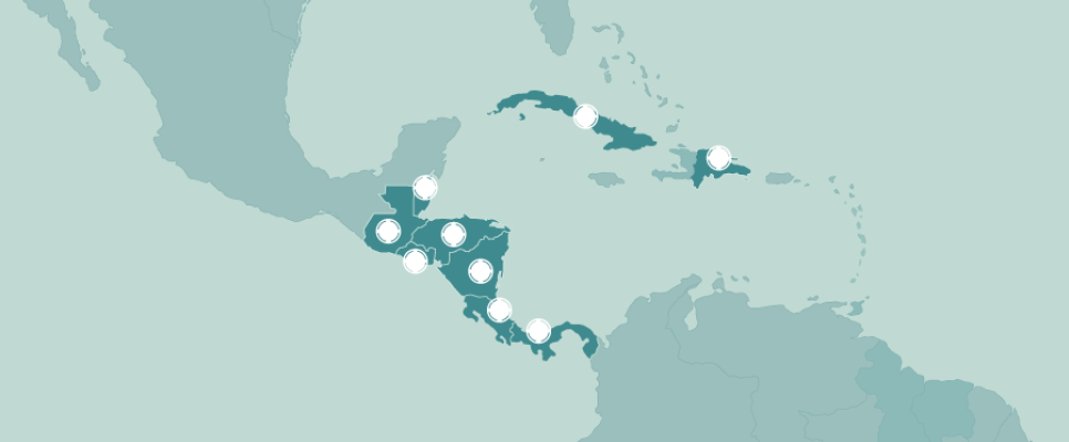 Mapa Centroamérica y el Caribe con Panamá, Belice, Costa Rica, Cuba, República Dominicana, El Salvador, Guatemala, Honduras y Nicaragua resaltados