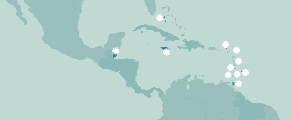 Mapa Centroamérica y el Caribe con Belice, Antigua y Barbuda, Bahamas, Barbados, Dominica, Jamaica, Trinidad y Tobago, San Vicente y las Granadinas, Santa Lucía, San Cristóbal y Nieves y Granada resaltados