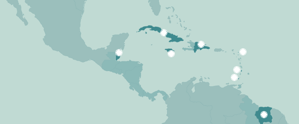 Mapa Centroamérica y el Caribe con Antigua y Barbuda, Belice, Cuba, República Dominicana, Granada, Jamaica, Santa Lucía y Surinam resaltados