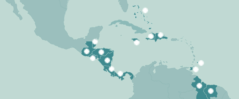 Bahamas, Belice, Barbados, Costa Rica, República Dominicana, Guatemala, Guyana, Honduras, Haití, Jamaica, Nicaragua, Panamá, El Salvador, Surinam, Trinidad y Tobago